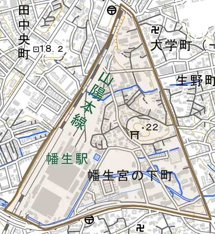 幡生宮の下町とその周辺の地図。町の範囲を重ねている