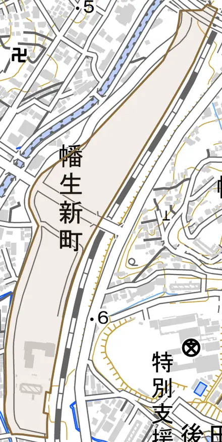 幡生新町とその周辺の地図。町の範囲を重ねている