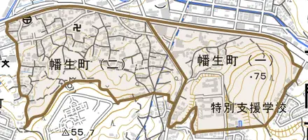 幡生町とその周辺の地図。町の範囲を重ねている