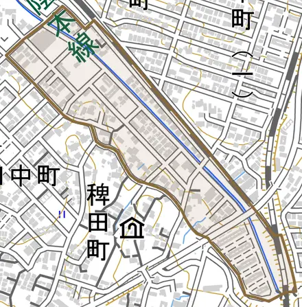 稗田北町とその周辺の地図。町の範囲を重ねている