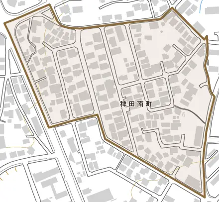 稗田南町とその周辺の地図。町の範囲を重ねている