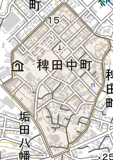 稗田中町とその周辺の地図。町の範囲を重ねている