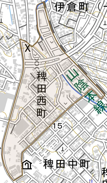 稗田西町とその周辺の地図。町の範囲を重ねている