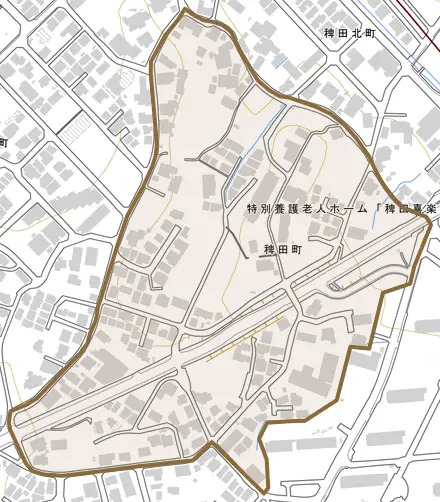 稗田町とその周辺の地図。町の範囲を重ねている