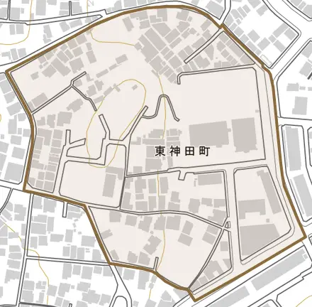 東神田町とその周辺の地図。町の範囲を重ねている