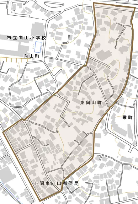 東向山町とその周辺の地図。町の範囲を重ねている