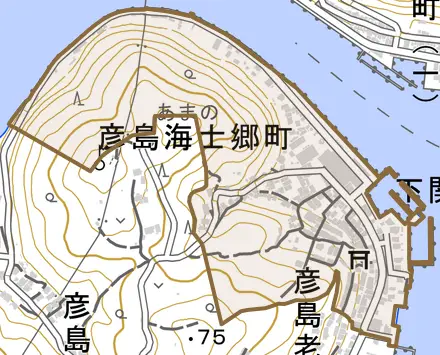 彦島海士郷町とその周辺の地図。町の範囲を重ねている