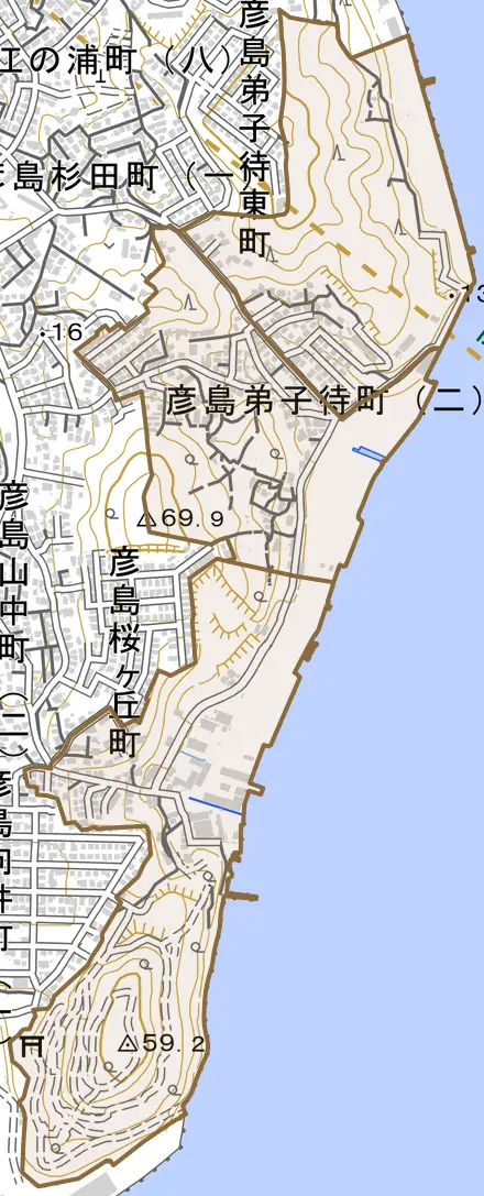 彦島弟子待町とその周辺の地図。町の範囲を重ねている