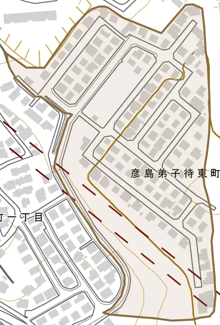 彦島弟子待東町とその周辺の地図。町の範囲を重ねている