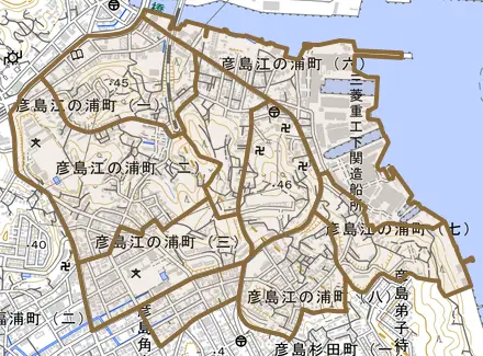 彦島江の浦町とその周辺の地図。町の範囲を重ねている