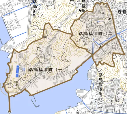 彦島福浦町とその周辺の地図。町の範囲を重ねている