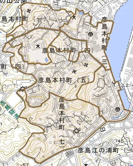 彦島本村町とその周辺の地図。町の範囲を重ねている
