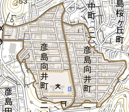 彦島向井町とその周辺の地図。町の範囲を重ねている