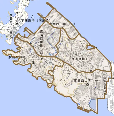 彦島西山町とその周辺の地図。町の範囲を重ねている