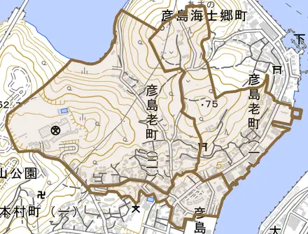 彦島老町とその周辺の地図。町の範囲を重ねている
