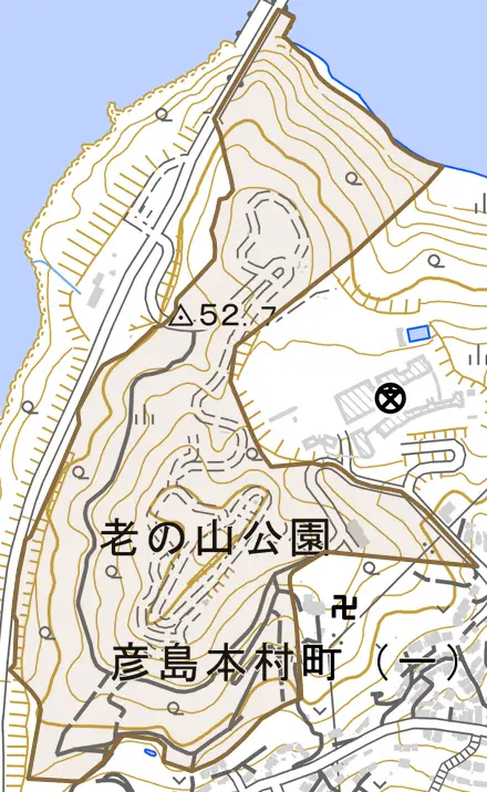 彦島老の山公園とその周辺の地図。町の範囲を重ねている