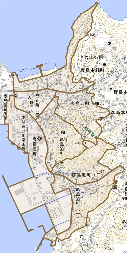 彦島迫町とその周辺の地図。町の範囲を重ねている