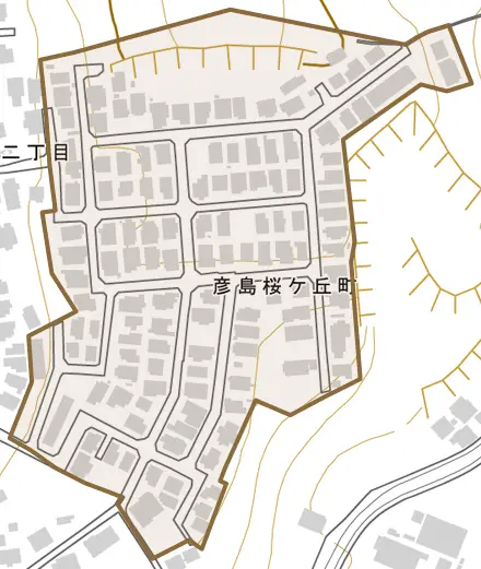 彦島桜ケ丘町とその周辺の地図。町の範囲を重ねている
