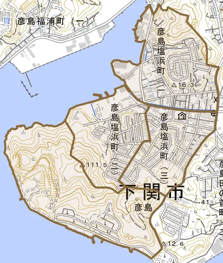 彦島塩浜町とその周辺の地図。町の範囲を重ねている