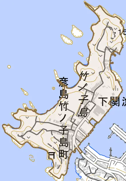 彦島竹ノ子島町とその周辺の地図。町の範囲を重ねている