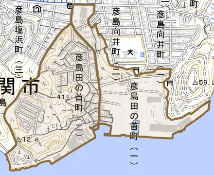 彦島田の首町とその周辺の地図。町の範囲を重ねている