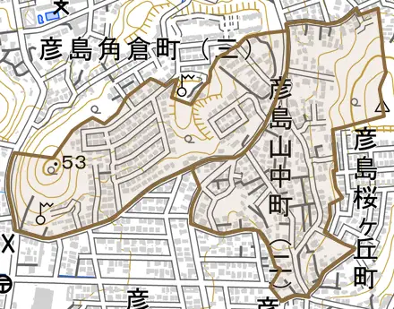 彦島山中町とその周辺の地図。町の範囲を重ねている