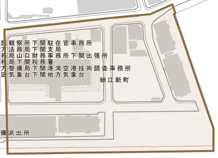 細江新町とその周辺の地図。町の範囲を重ねている