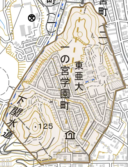 一の宮学園町とその周辺の地図。町の範囲を重ねている
