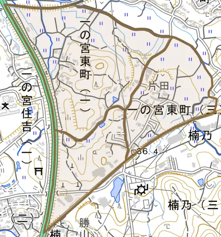 一の宮東町とその周辺の地図。町の範囲を重ねている