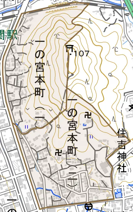 一の宮本町とその周辺の地図。町の範囲を重ねている