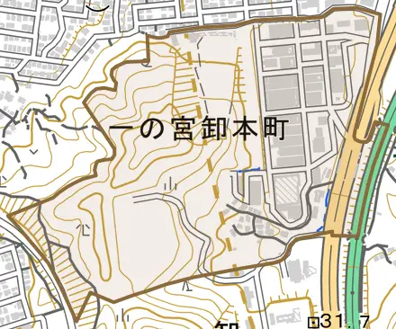 一の宮卸本町とその周辺の地図。町の範囲を重ねている