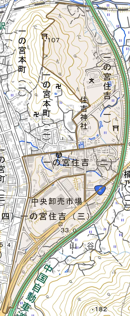 一の宮住吉とその周辺の地図。町の範囲を重ねている