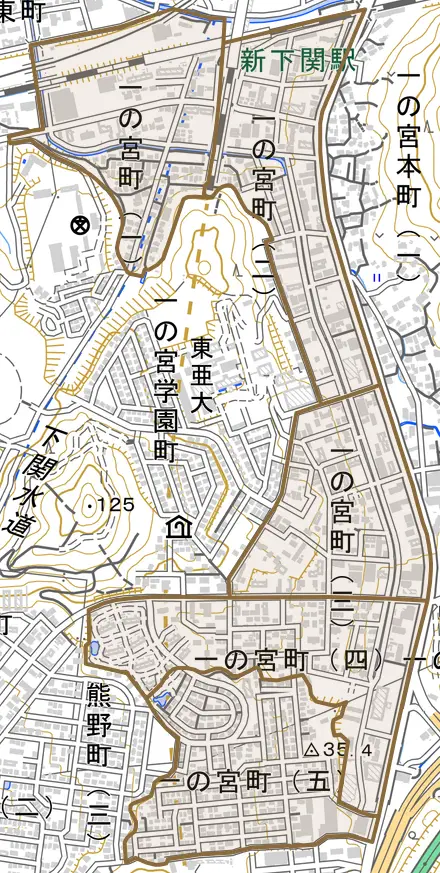 一の宮町とその周辺の地図。町の範囲を重ねている