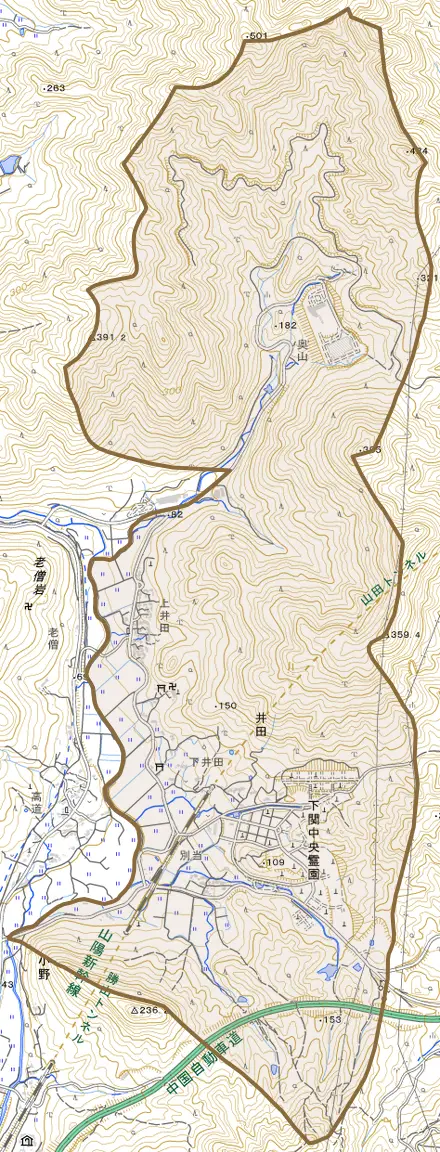 大字井田とその周辺の地図。町の範囲を重ねている