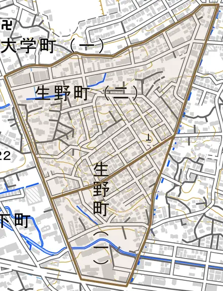 生野町とその周辺の地図。町の範囲を重ねている
