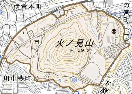大字伊倉とその周辺の地図。町の範囲を重ねている