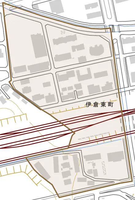 伊倉東町とその周辺の地図。町の範囲を重ねている