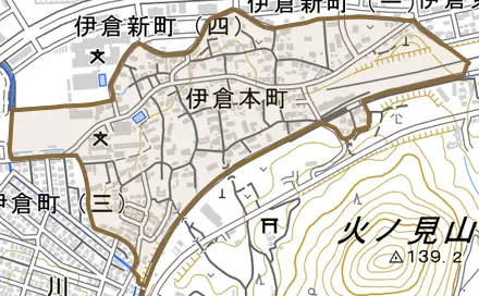 伊倉本町とその周辺の地図。町の範囲を重ねている