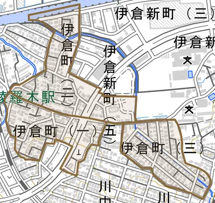伊倉町とその周辺の地図。町の範囲を重ねている
