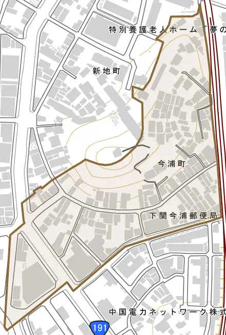 今浦町とその周辺の地図。町の範囲を重ねている