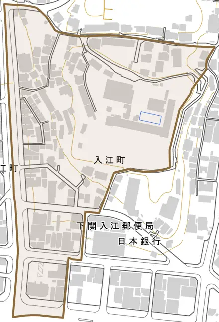 入江町とその周辺の地図。町の範囲を重ねている