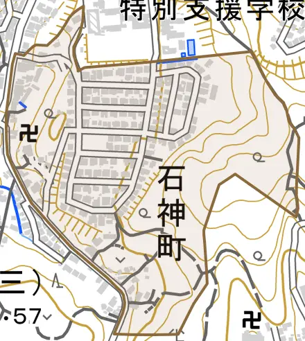 石神町とその周辺の地図。町の範囲を重ねている