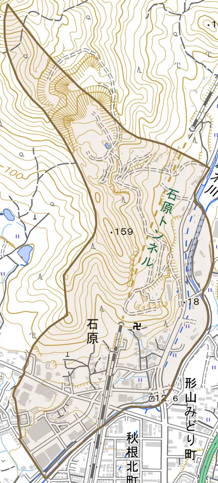 大字石原とその周辺の地図。町の範囲を重ねている