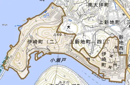伊崎町とその周辺の地図。町の範囲を重ねている