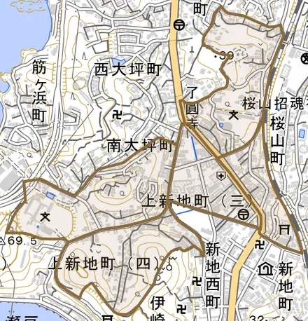 上新地町とその周辺の地図。町の範囲を重ねている