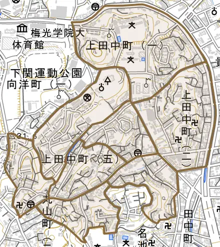 上田中町とその周辺の地図。町の範囲を重ねている
