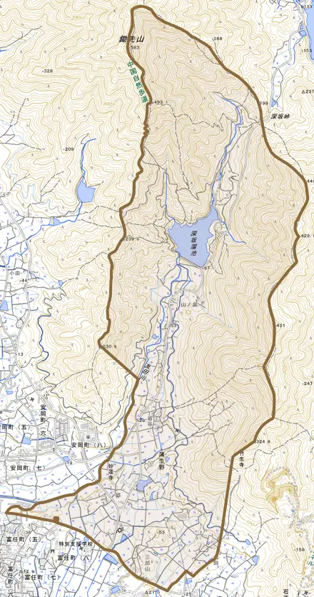 大字蒲生野とその周辺の地図。町の範囲を重ねている