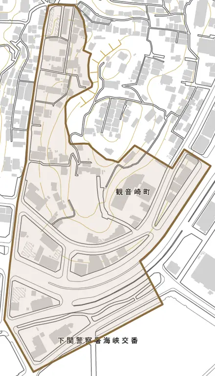 観音崎町とその周辺の地図。町の範囲を重ねている