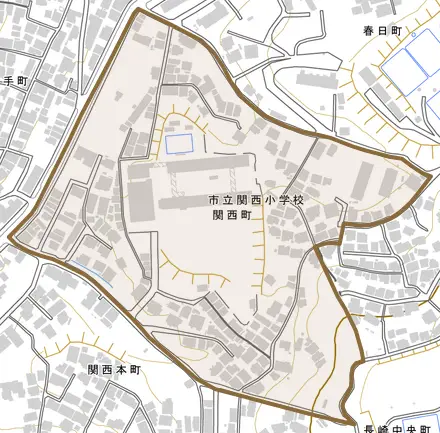 関西町とその周辺の地図。町の範囲を重ねている