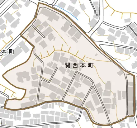 関西本町とその周辺の地図。町の範囲を重ねている